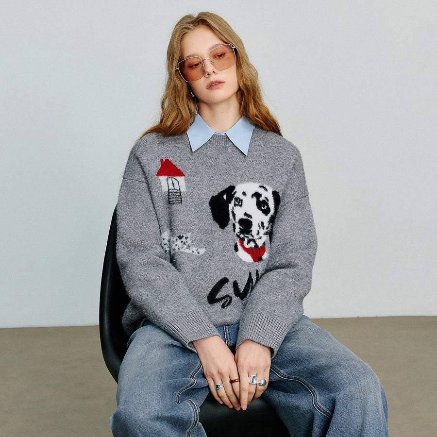 Suéter Feminino com Jacquard de Cachorro e Gola Redonda