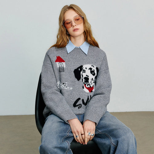 Suéter Feminino com Jacquard de Cachorro e Gola Redonda
