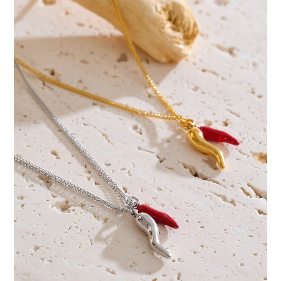 Yhpup Stainless Steel Enamel Red Chili Necklace Pendant Stylish Unique Chic Collar Jewelry Gold & Platinum PVD Plated Waterproof