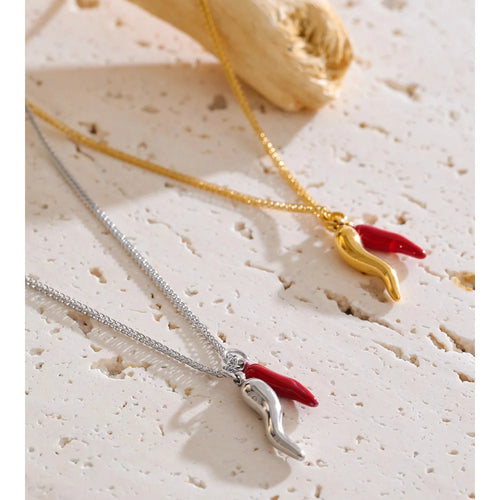 Yhpup Stainless Steel Enamel Red Chili Necklace Pendant Stylish Unique Chic Collar Jewelry Gold & Platinum PVD Plated Waterproof