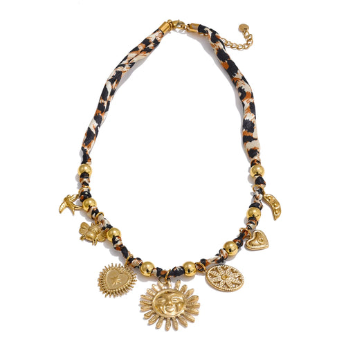 Yhpup Popular Stainless Steel Leopard Polyester Sun Flower Heart Insect Drop Collar Necklace 18K PVD Plated Fashion Jewelry Gift YH5118A