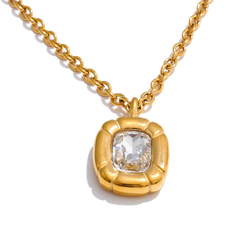 Yhpup Shiny Cubic Zirconia Rectangle Pendant Necklace Earrings Quality Gold Color PVD Plated Stainless Steel Premium Jewelry YH3333A G-Necklace