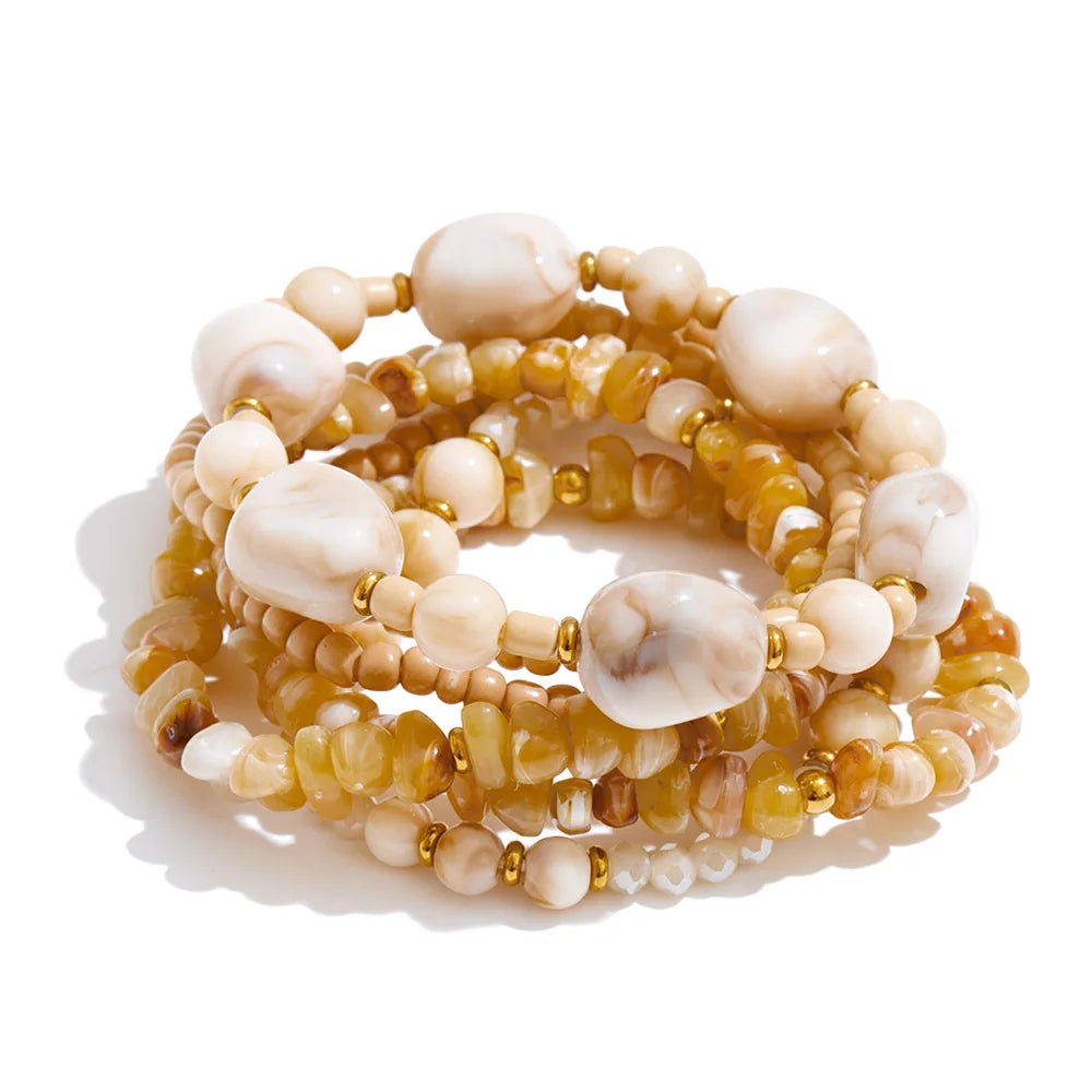 Yhpup Waterproof 2025 Handmade Beads Bohemia Jewelry Autumn Winter Stainless Steel Layered Resin Chain Bib Statement Necklace Bracelet Beige