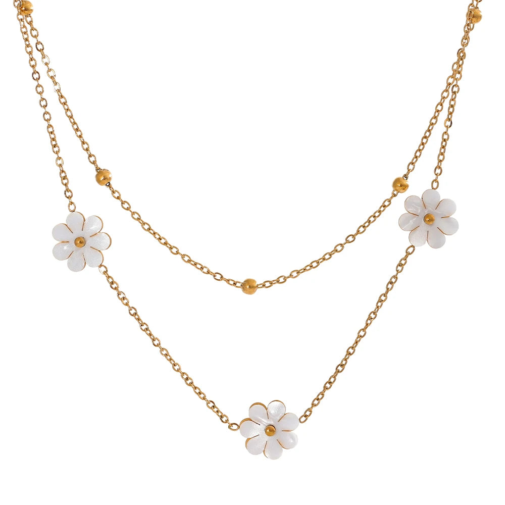 Yhpup Summer Imitation Shell Flower Double Layer Chain Necklace Anklet for Women Trendy Plant Charm Jewelry Bijoux Gift YH3980A Necklace