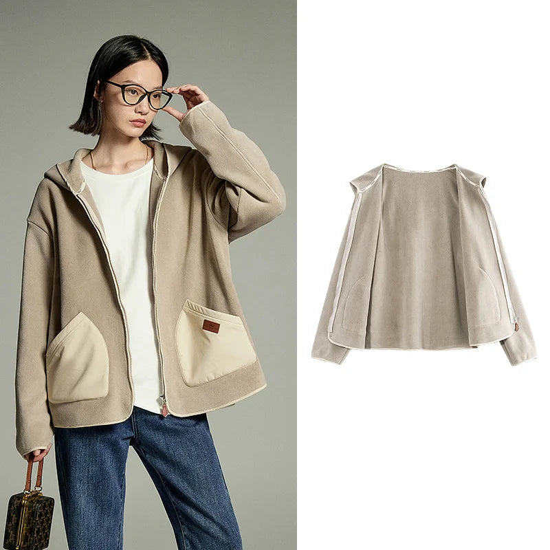 Casaco Feminino de Fleece com Capuz e Bolsos Khaki
