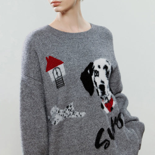Suéter Feminino com Jacquard de Cachorro e Gola Redonda