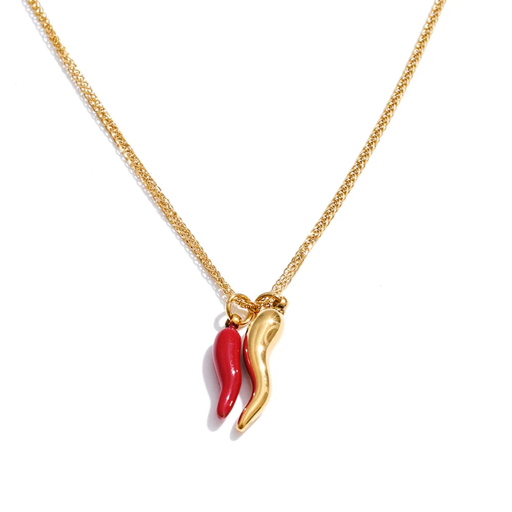 Yhpup Stainless Steel Enamel Red Chili Necklace Pendant Stylish Unique Chic Collar Jewelry Gold & Platinum PVD Plated Waterproof YH819A Gold