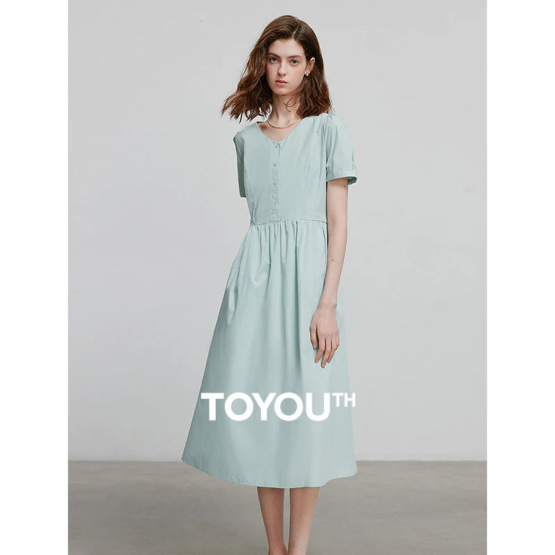Vestido Midi com Decote V e Manga Bufante Verde