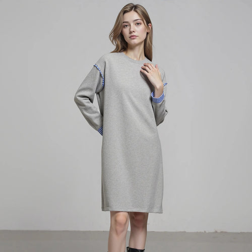 Vestido Moletom Midi Cinza com Xadrez e Forro Quente