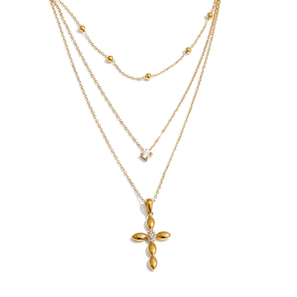 Yhpup Trendy Stainless Steel Layered Chain Cross Pendant Necklace for Women Exquisite High Quality Chic Jewelry Water Resistant YH2951A Gold