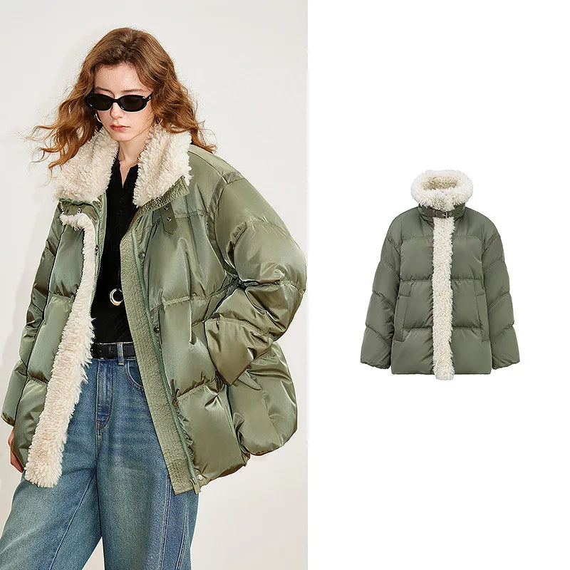 Jaqueta Puffer Feminina 90% Plumas com Gola Alta de Pelo green