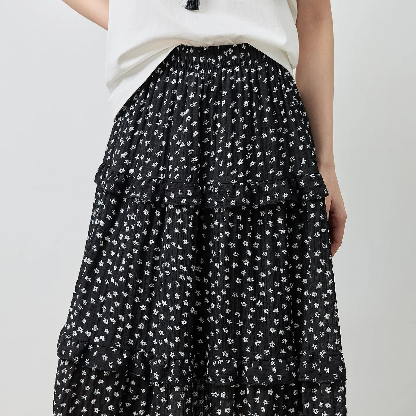 Saia Midi Feminina Floral em Camadas Patchwork