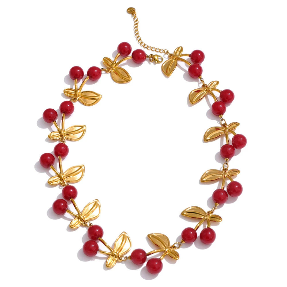 Yhpup Fashion Acrylic Resin Cherry Flower Heart Sun Pendant Charms Necklace Stainless Steel Golden Handmade Jewelry Gift YH4079A
