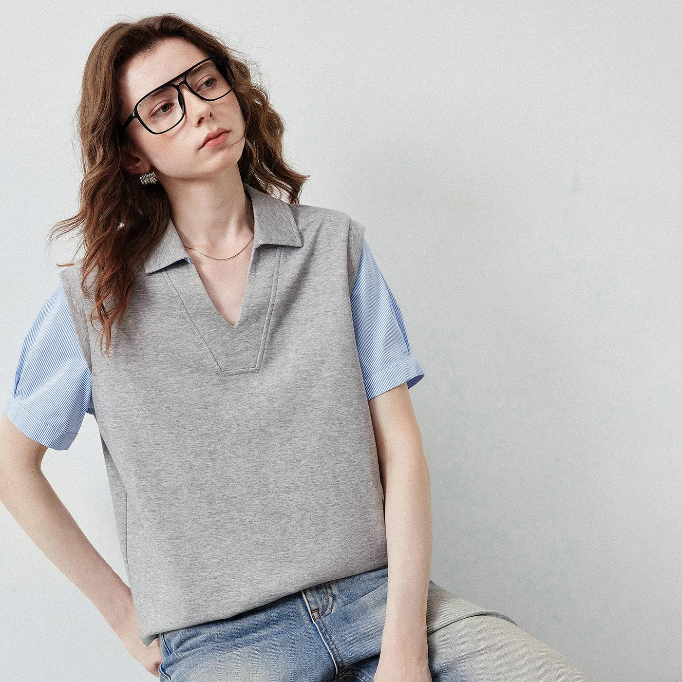 Camiseta Polo Feminina Efeito Colete Duas Peças