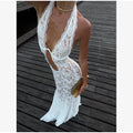 Women's Elegant Lace Up Flared Sleeve Long Dress Fashion Hollow Out Off Shoulder Bodycon Vestidos 2024 Lady New Beach Partywear
