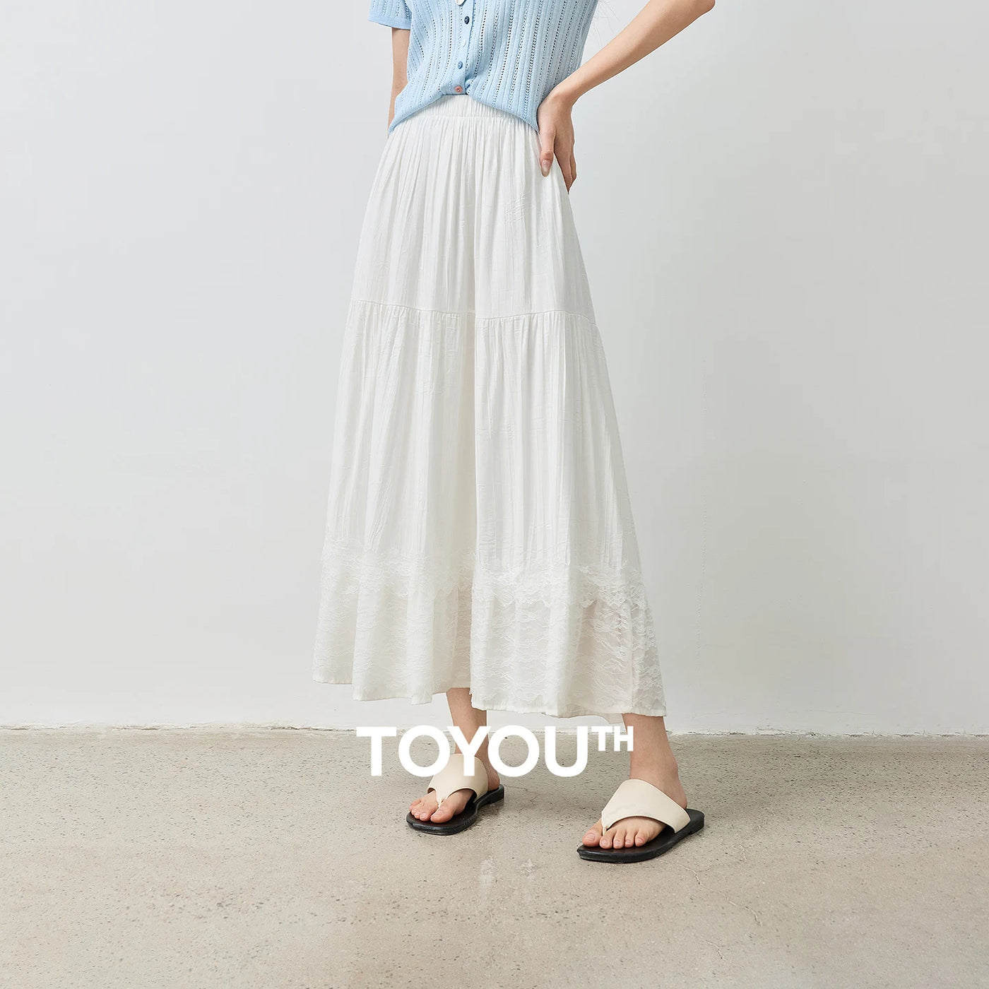 Saia Midi Feminina com Renda Patchwork Texturizada