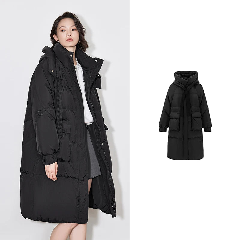 Casaco Puffer Feminino Longo com Capuz e Gola de Pelo Verde Black
