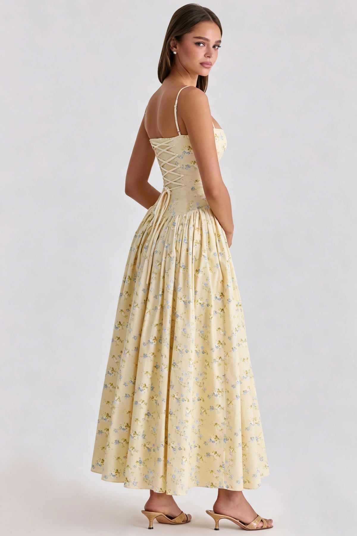 Mingmingxi Women Long Floral Print Spaghetti Strap Maxi Dress Summer Elegant Lace Up Dress Flowy Holiday Party Beach Wear Dress lace up on the back