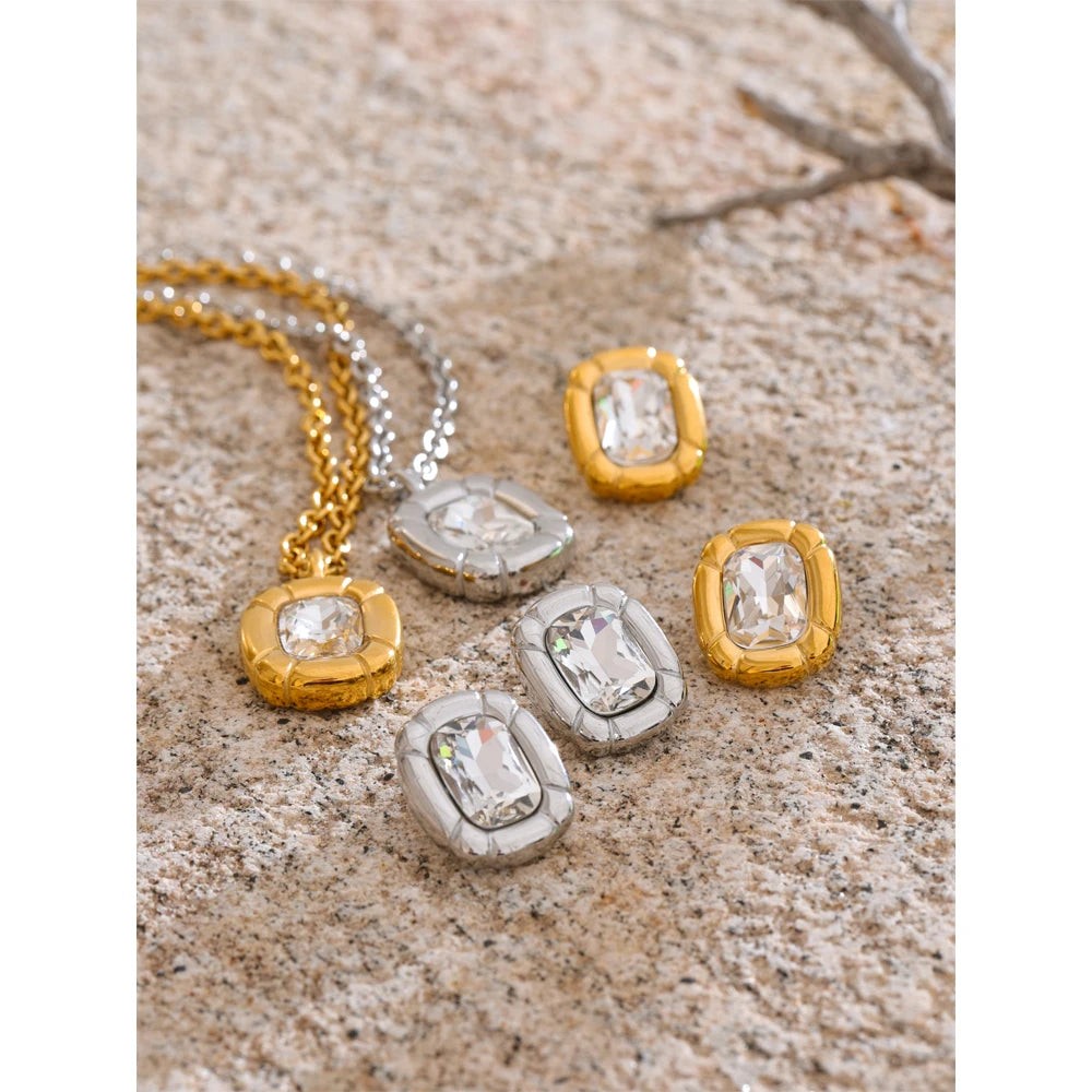 Yhpup Shiny Cubic Zirconia Rectangle Pendant Necklace Earrings Quality Gold Color PVD Plated Stainless Steel Premium Jewelry
