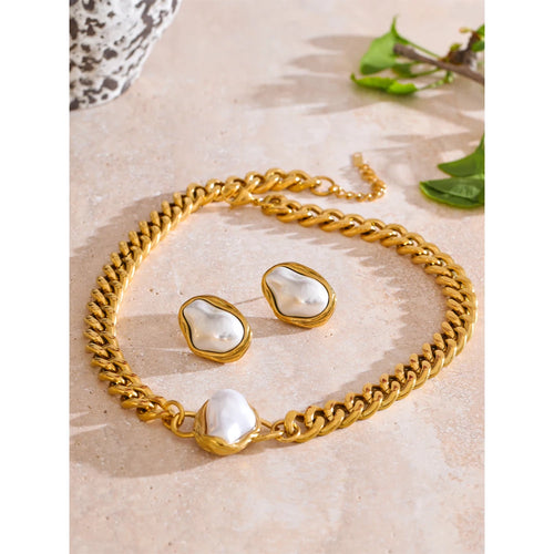 Yhpup Popular Baroque Simulated Pearls Golden Cuban Chain Necklace Earrings Vintage Stainless Steel Elegance Jewelry Gift