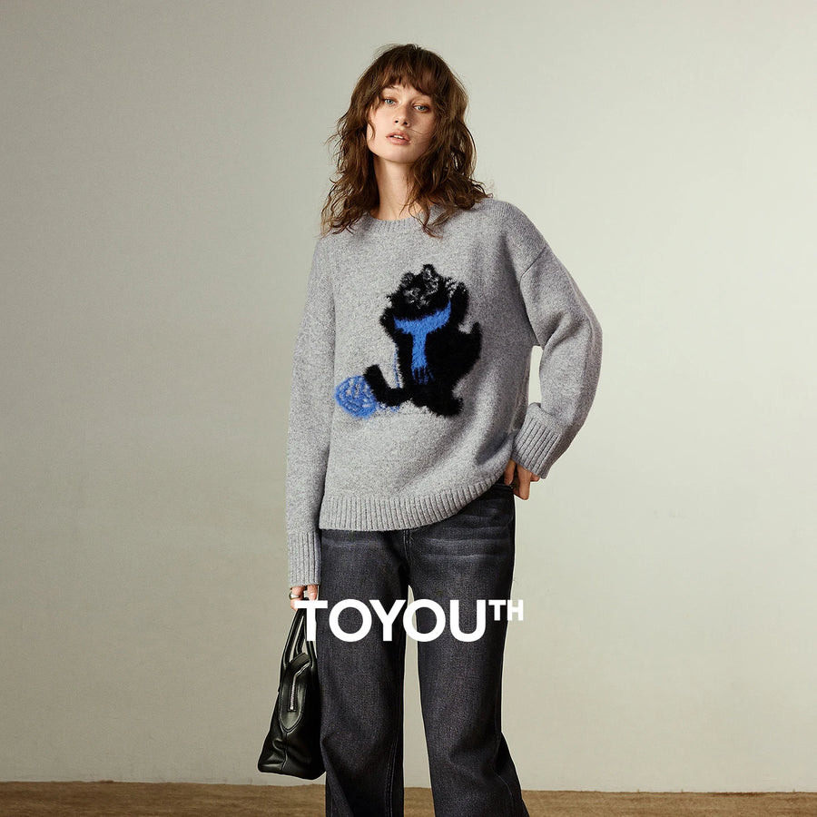 Suéter Cinza de Lã com Jacquard de Gato