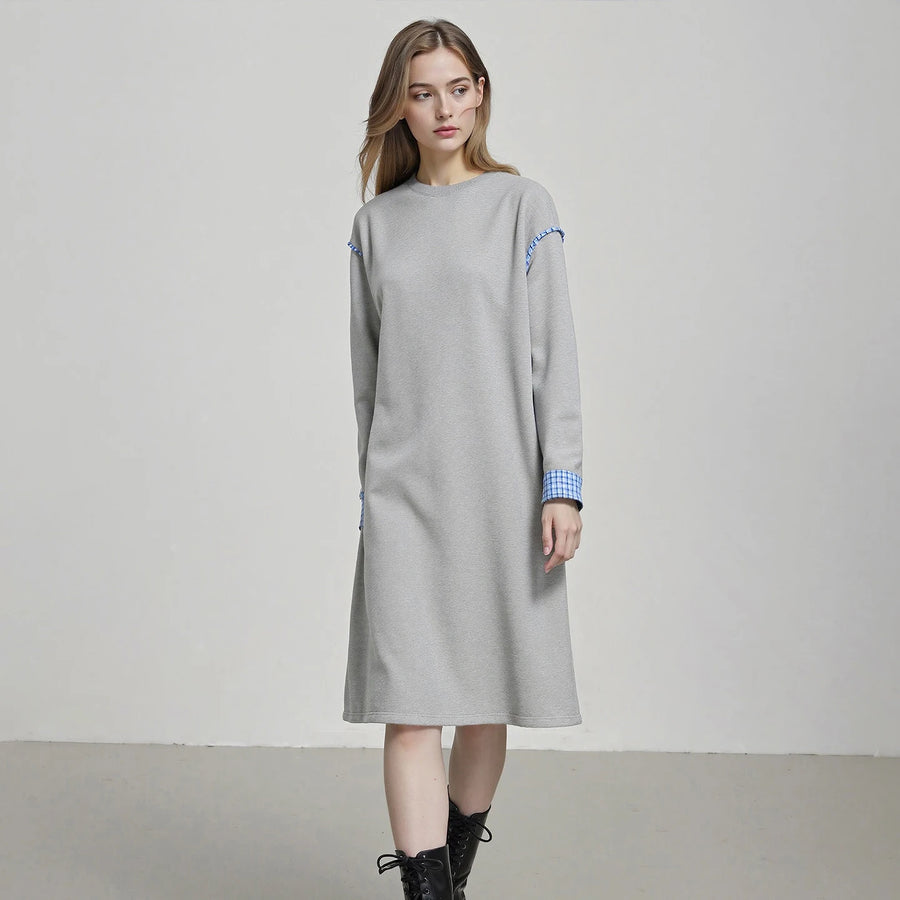 Vestido Moletom Midi Cinza com Xadrez e Forro Quente