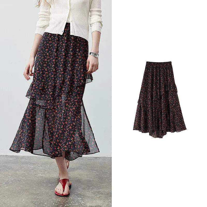 Saia Midi Feminina Floral Assimétrica
