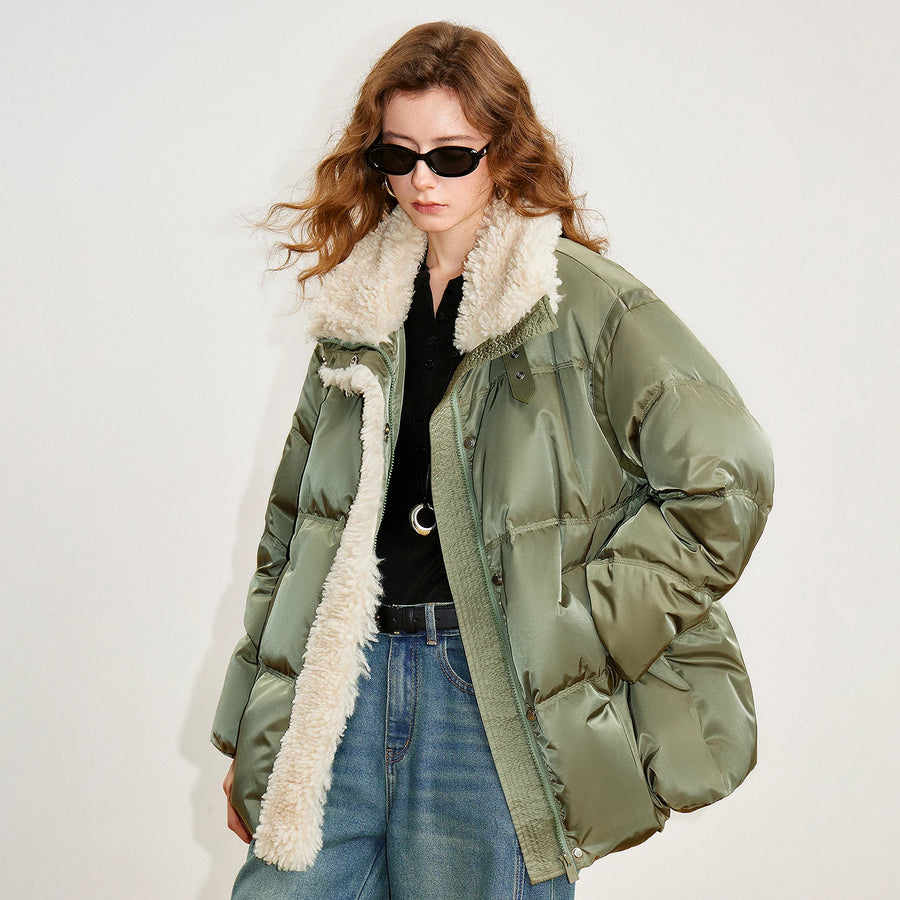 Jaqueta Puffer Feminina 90% Plumas com Gola Alta de Pelo