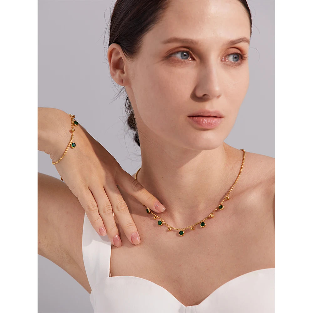 Conjunto Colar e Pulseira Gota com Zircônia em Aço Inoxidável