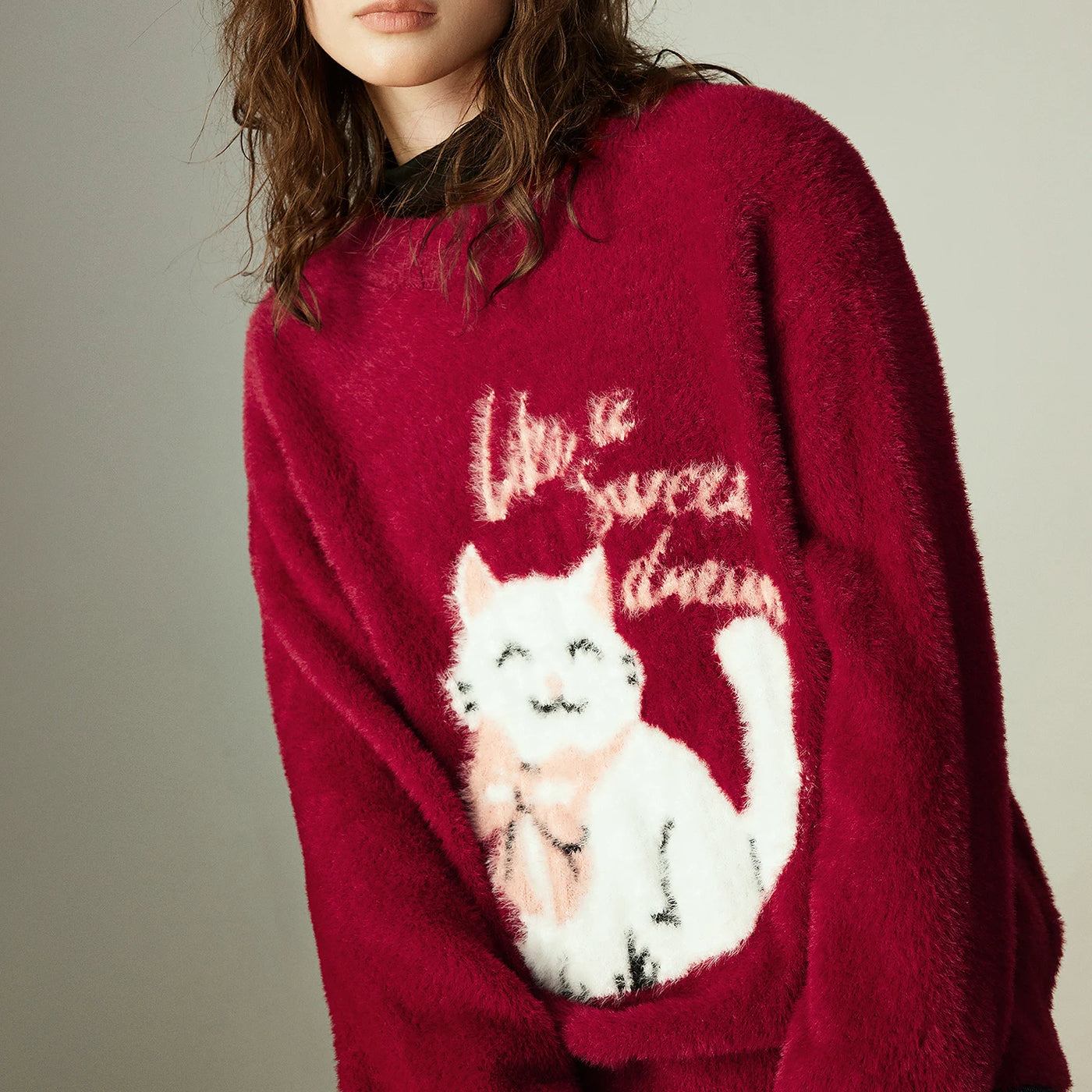 Suéter Vermelho Peluciado com Jacquard de Gato