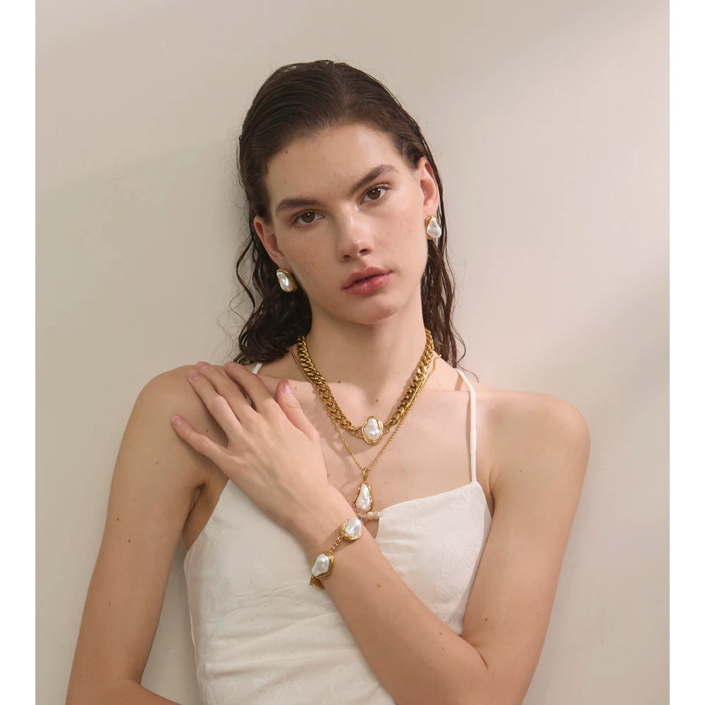 Yhpup Popular Baroque Simulated Pearls Golden Cuban Chain Necklace Earrings Vintage Stainless Steel Elegance Jewelry Gift