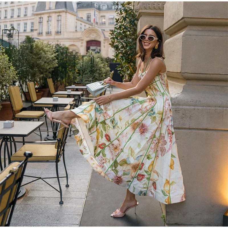 Fashion Print Women Dress Floral Halter Tube Tops Sleeveless Lace Up Waist-Closed Female Dresses 2026 Spring Summer Lady Robe