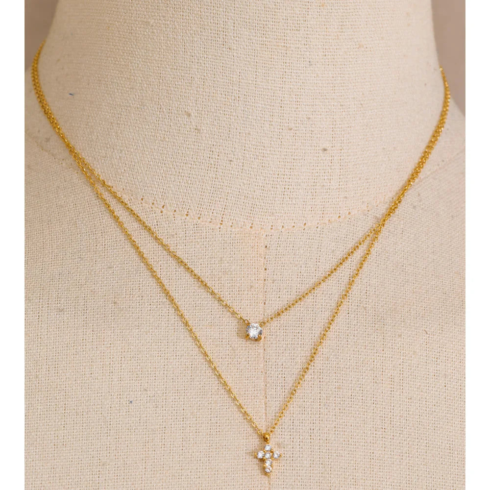 Yhpup High Quality Double-Layer Chain Zirconia Cross Pendant Delicate Necklace Stainless Steel Temperament Fashion Gift Jewelry