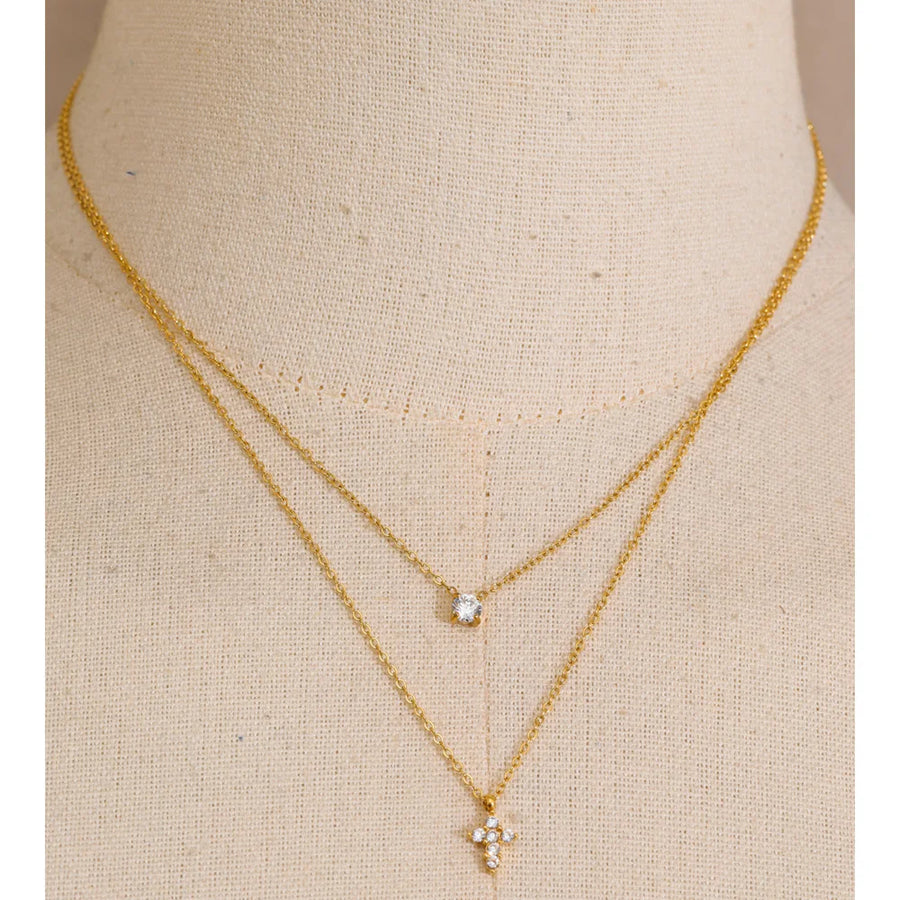 Yhpup High Quality Double-Layer Chain Zirconia Cross Pendant Delicate Necklace Stainless Steel Temperament Fashion Gift Jewelry