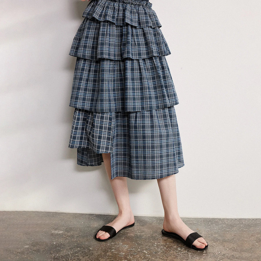 Vestido Midi Xadrez com Saia em Camadas