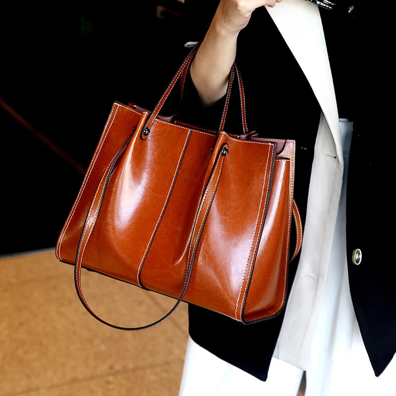 Bolsa de Ombro Feminina em Couro Legítimo Vintage com Grande Capacidade