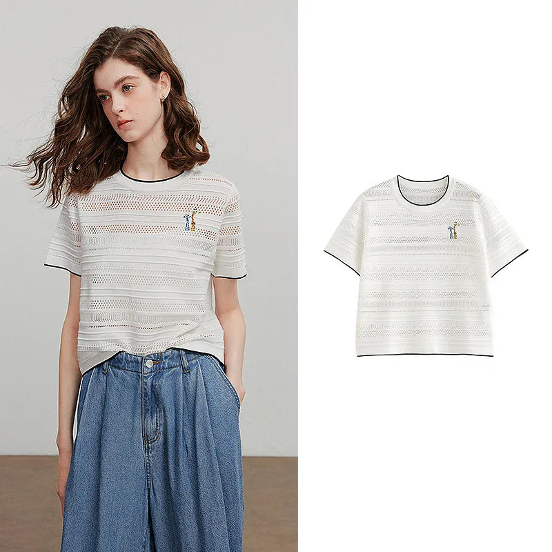 Blusa de Tricô Leve Manga Curta para o Verão