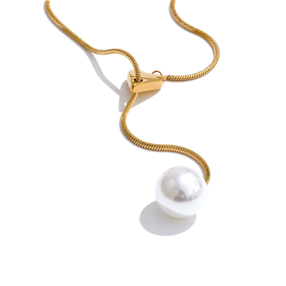 Yhpup New Arrival Simulated Pearls Round Drop Adjustable Necklace Pendant for Women Fashion Stainless Steel Korean Jewelry YH5200A Gold