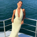 Elegant Women's Halter Curvy Long Dress V Neck Lace-up Backless Maxi Dresses Evening Wedding Guest Holiday Summer Yellow White Yellow