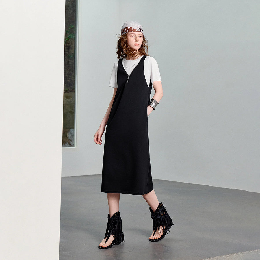 Vestido Midi Bicolor com Decote V e Zíper