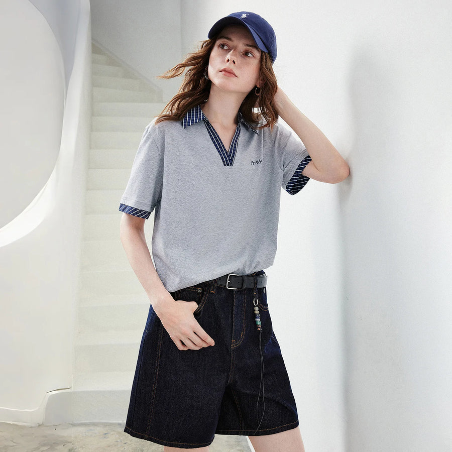Camiseta Polo Feminina de Algodão Antibacteriano Xadrez