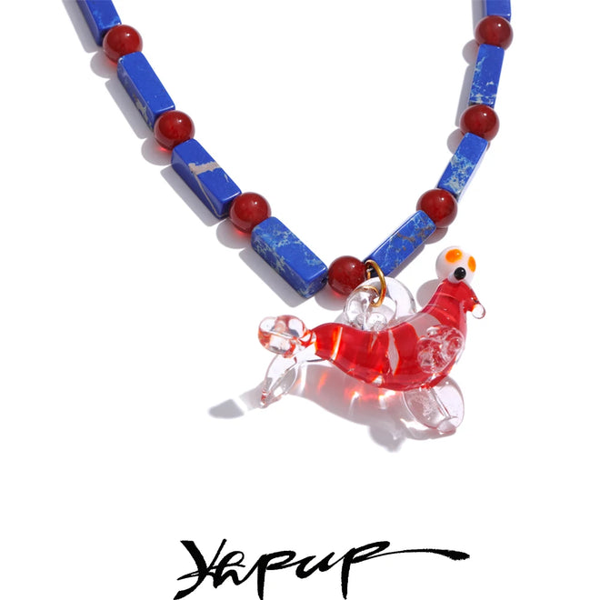 Yhpup Ocean Style Glazed Sea Lion Fish Pendant Necklace High Quality Natural Stone Chain Handmade Jewellery Waterproof Gift