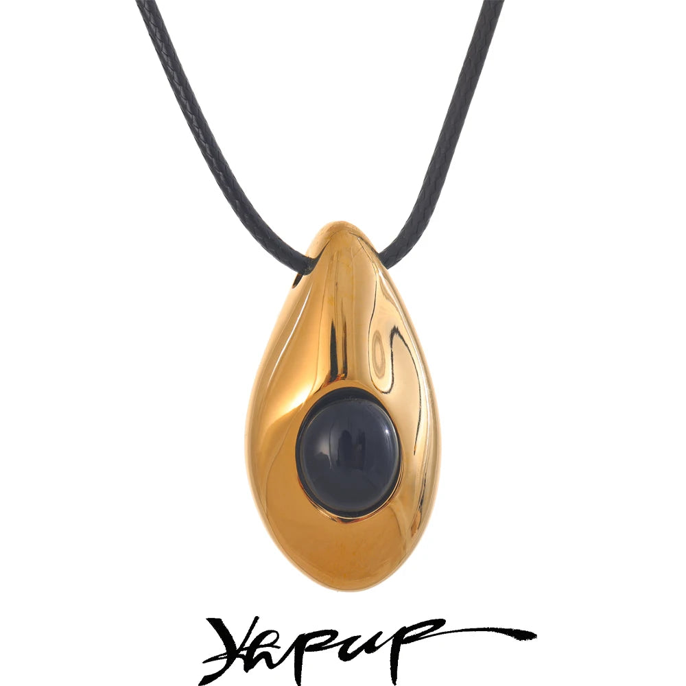 Yhpup Stainless Steel Water Drop Agate Stone Pendant PU Leather Necklace for Women Statement Fashion Jewelry Accessories New