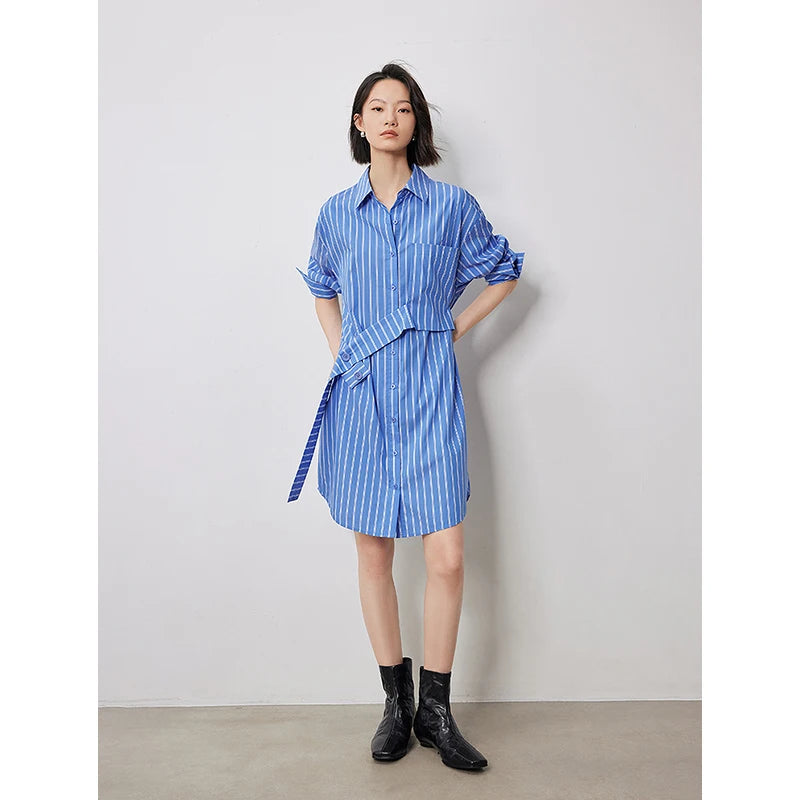 Vestido Chemise Curto Listrado Manga Longa