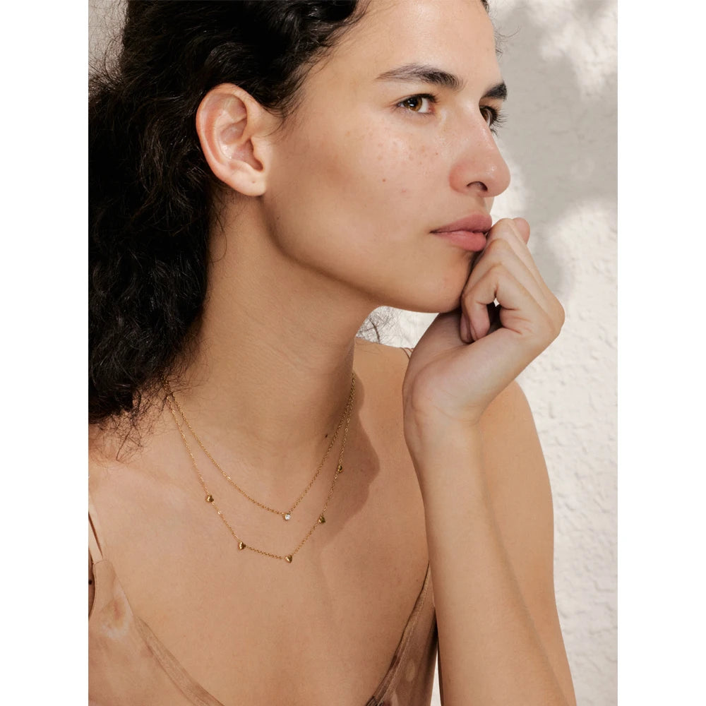 Colar Feminino de Camadas Coração com Zircônia em Aço Inoxidável