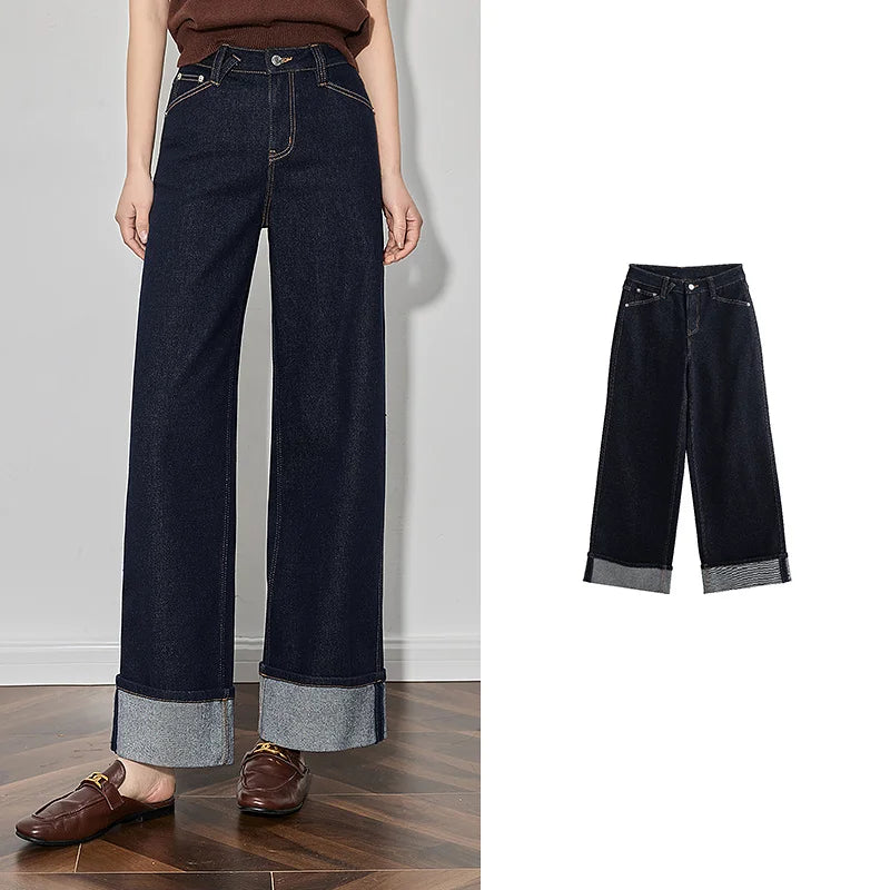 Calça Jeans Feminina Wide Leg com Barra Dobrada