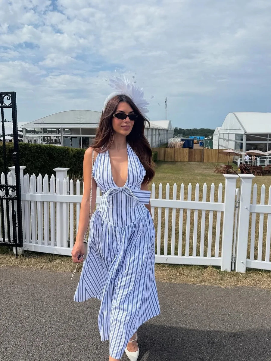Vintage Striped Long Dress Elegant Women's V Neck Halter Bow Backless Maxi Dresses Blue White Summer Holiday Vacation Beach 2026