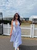 Vintage Striped Long Dress Elegant Women's V Neck Halter Bow Backless Maxi Dresses Blue White Summer Holiday Vacation Beach 2026