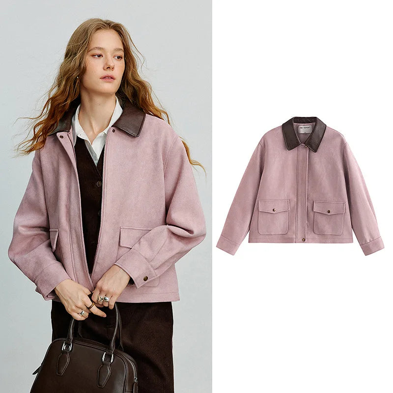 Jaqueta Feminina de Suede Marrom Estilo Barn com Recortes pink