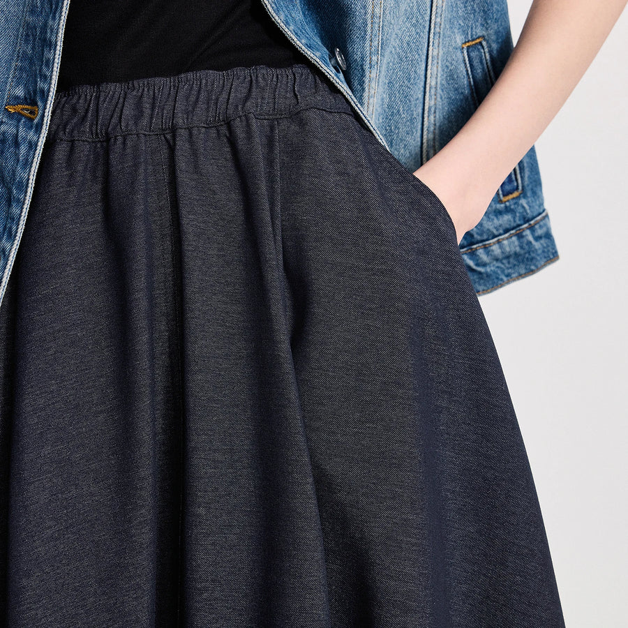Saia Jeans Midi Feminina com Bolsos com Cós Elástico